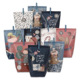 Papierdrachen Advent Calendar to Fill at Home - 24 Blue and Pink Printed Gift Bags and 24 Number Stickers and Clips - Dark Blue Motif - for Crafts and Gifts - Christmas