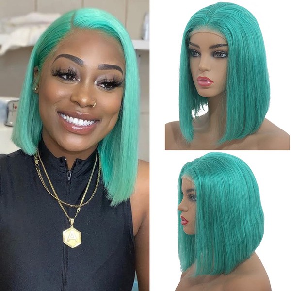 Short Bob Lace Front Wigs Teal Blue 10inch Bleached Knots 180% Density Pre Plucked Hairline With Baby Hair 13×4 Swiss Lace Glueless Silky Straight Lake Blue Bob Human Hair Wigs for Black Women