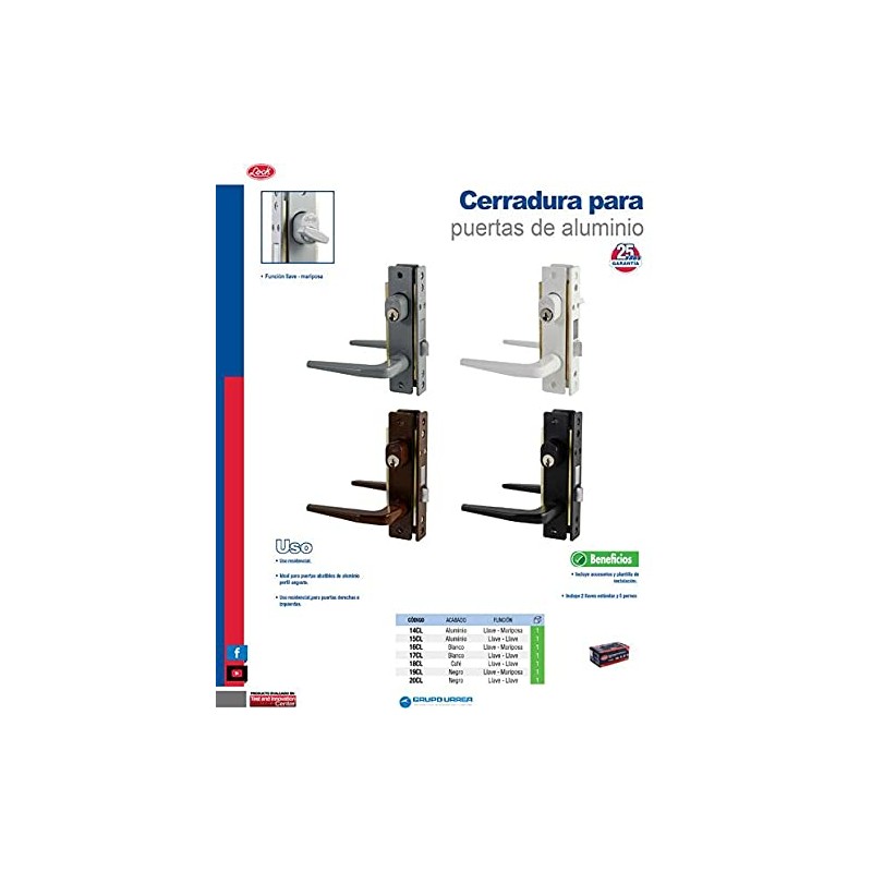 Lock 16CL Cerradura clásica para puerta de aluminio función doble,