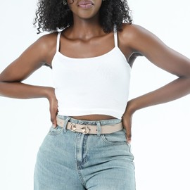 WANTESS Women Belts for Jeans Dresses Skinny Waist Belt with Gold Buckle Thin Belts for Ladies Beige Medium