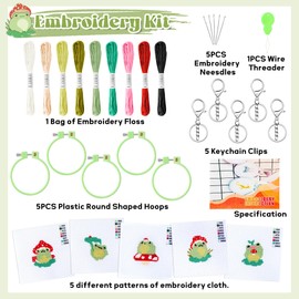 WATINC Beginners Embroidery Kits - 9PCS DIY Keychain with Mushroom Frog Cross Stitch Beginner Kit for Kids Needle Point Starter Kit Sewing Set with Instructions for Children Adults