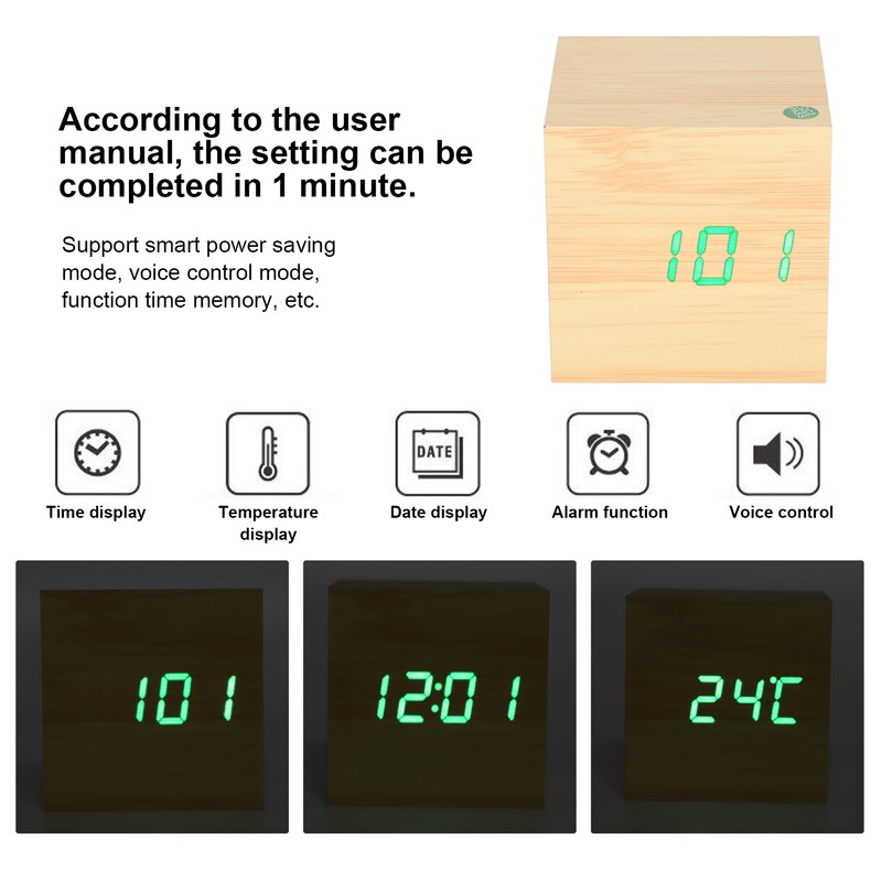 Wooden LED Clock Digital Voice Control Desk Rectangular Ornaments Wood