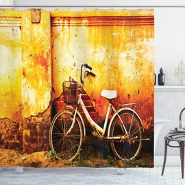 Ambesonne Bicycle Shower Curtain, Vintage Bike in Front of a Rusty Dirty Cracked Broken Brick Wall Lifestyle Photo, Cloth Fabric Bathroom Decor Set with Hooks, 84" Long Extra, Sepia