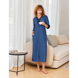 Ekouaer Women's Zipper Robe 3/4 Sleeves Housecoat Full Length Nightgown Soft Loungewear Robe with Pockets(Navy, X-Large)
