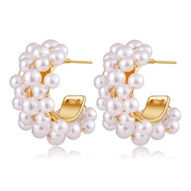 ALRNBY Gold Pearl Earrings for Women Gold Small Pearl Hoop Stud Earring Chunky 18K Gold Plated Statement Fashion Jewelry for Wedding Party Anniversary Jewelry Gift Hypoallergenic Non Tarnish