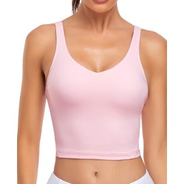 Oalka Sports Bra Womens Longline Padded Crop Tank Yoga Bras Workout Fitness Top Pink S
