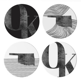 Modern Black & White Oklahoma Set 1, Joyride Home Decor, 4 Ceramic Coasters, 4-inch Circle Drink Coasters, Set of 4, Non-Slip Cork Back, Protects Surfaces, Express Your Style.