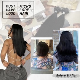 Misslala Micro Loop Hair Extensions 16 Inch Micro Link Extensions Hair 100% Human Hair Thick Hair Color #1B Off Black Microbead Hair Extensions Human Hair Remy Soft Hair 50strands/50grams