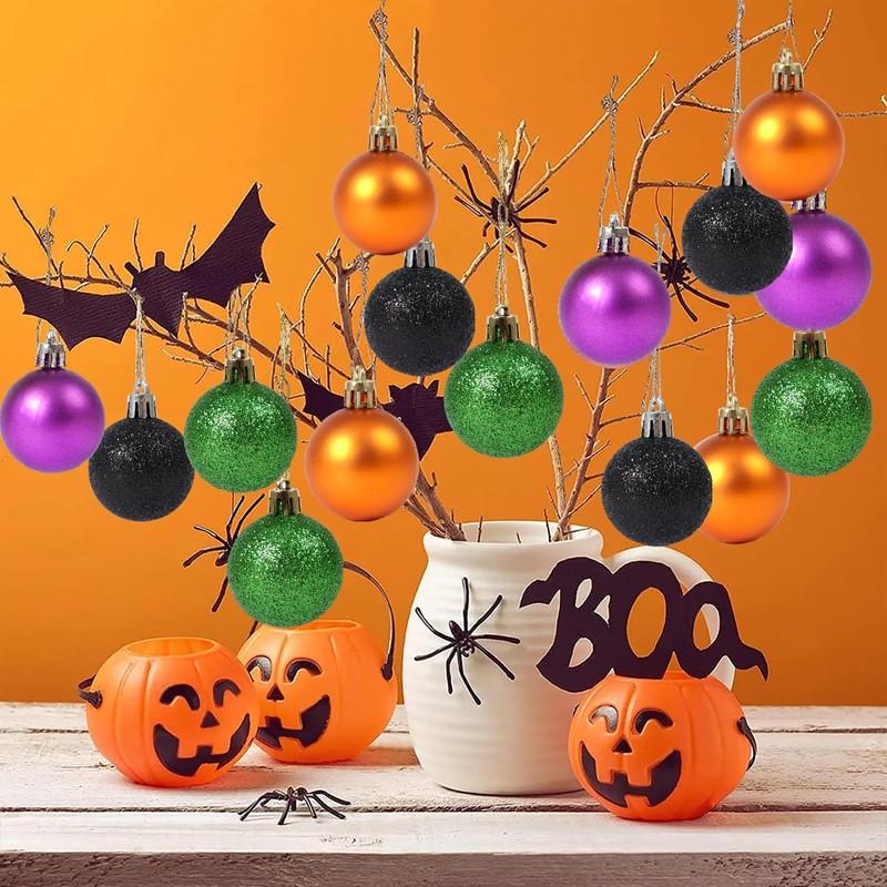 24 PCS 1.5 Inch Halloween Glitter Hanging Balls Colored Shatterproof