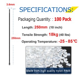 Cable Ties Black, 100 Pack Zip Ties 10 inch UV Resistant, 250mm x 3.6mm Tensile Strength 40lbs, Nylon Plastic Self Locking Large Heavy Duty Cable Wrap for Tidy Wires Home Workshop and Garden