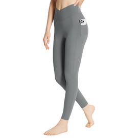 baleaf Leggings with Pockets for Women Yoga Workout High Waisted Ankle Length Petite Legging Tummy Control Criss V Waist Lightweight Graphite Gray 3XL