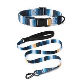 Dog Collar and Leash Set, Soft Bohemia Patterns Ethnic Style Adjustable Collar with Metal Buckle and 4ft Padded Handle Matching Leash for Small Medium Large Dogs (Blue&Black Stripe, Large)