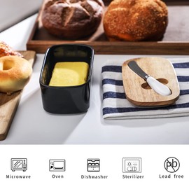 GDCZ Large Ceramic Butter Dish for Countertop Butter Keeper with Silicone Sealing, Natural Wooden Lid and Stainless Steel Knife, Kitchen Decor and Accessories for Kitchen Gifts (Black)