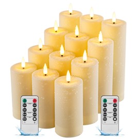Fanzir 12 Pack Outdoor Waterproof Battery Operated Fake flameless LED Candles Set with Remote Control Timer, Warm White Decorative Candles for Patio Garden Wedding Table Centerpiece Home Decor