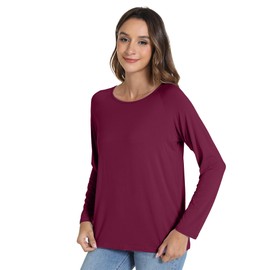 WiWi Women's Viscose from Bamboo Pajama Tops Soft Scoop Neck Sleep Shirt Loose Long Sleeves T-Shirt Loungewear S-XXL, Burgundy, Large