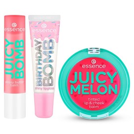 essence - Pack Labial JUICY: Brillo Birthday Bomb (10 ml) + Bálsamo One in a Melon (2.5 g) + Bálsamo 2 en 1 Juicy Melon (3 g), Brillo, Hidratación y Color Natural pH