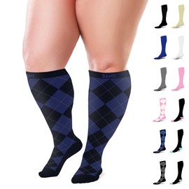 BAMS - Calcetines de compresión de talla grande de pantorrilla ancha XL XXL XXXL - Soporte graduado hasta la rodilla, viscosa de bambú fácil de poner y quitar, azul (Argyle Blue), X-Large