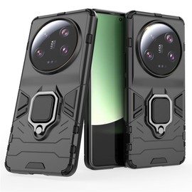 MaiJin Compatible with Xiaomi Mi 13 Ultra Case, Metal Ring Grip Kickstand Shockproof Hard Bumper (Works with Magnetic Car Mount) Dual Layer Rugged Cover (Black)