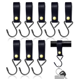 Modixun 8pcs Leather S-Hooks, S Shaped Hooks for Hanging, Camping Hook Hanger Stroller Hooks, Leather Hooks for Coat Towel Kitchen Bathroom, Black