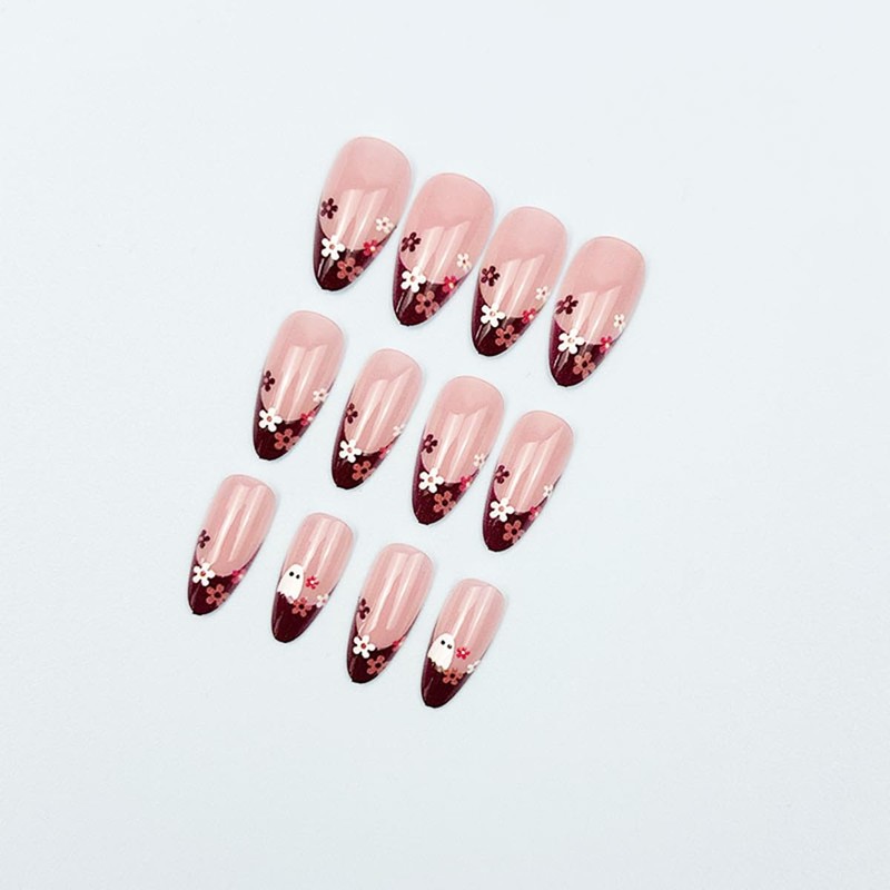 24Pcs Red Brown French Tip Press on Nails Medium Almond