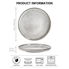Henten Home 10 Inch Ceramic Dinner Plates, Porcelain Steak Plates Set of 4, Fluted Round Plates for Kitchen, Pasta, Salad Stonware Dishes, Scratch Resistant (Grey)