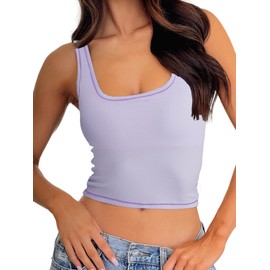 Danysu Women Cotton Rib Tank Top with Built in Bra Square Neck Crop Tank Fitted Basic Tops Lilac Hint S
