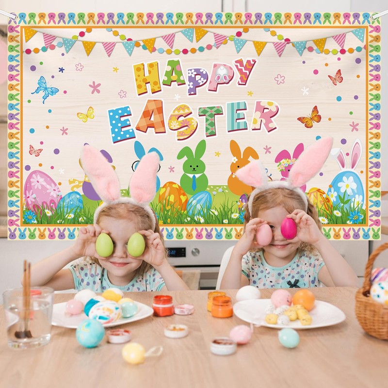 6x3.6ft Happy Easter Banner Cute Easter Bunny Style Backdrop for