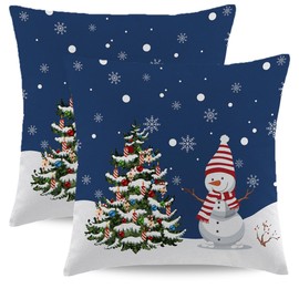Wsunsal Navy Blue Christmas Pillow Covers 16x16 Set of 2 Farmhouse Snowman Snowflake Xmas Tree Decorative Pillowcase Winter Holiday Square Linen Cushion Covers for Home Bed Couch Sofa Outdoor Decor