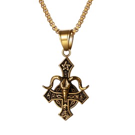 JewelryWe Gold Unique Adventurous Necklace：Men's Satanic Goat Head Upside Down Cross Pendant Necklace with Adjustable Chain Gothic Stainless Steel Baphomet Jewelry
