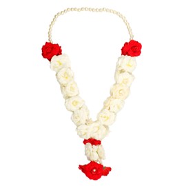 Artificial Mala Rose Flowers Ribbon Garland Garlands Haar Mala for Idol for God Statues Accessories Pooja Sringar Articles Ornament for Indian Traditional Festival God Idol (Size:-17")(White & Red)