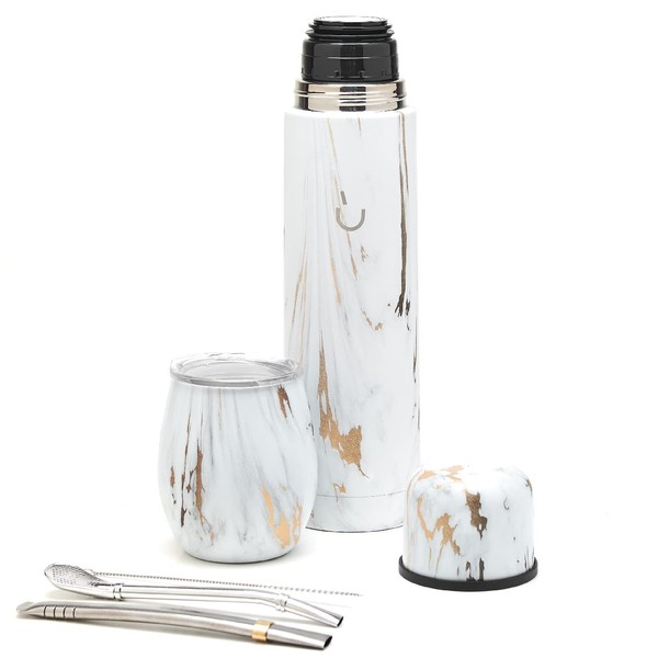 balibetov Complete Yerba Mate Set - Modern Mate Gourd, Vacuum Flask, Bombilla and Cleaning Brush Included - All Premium Quality 304 18/8 Stainless Steel (Gold Marble)