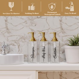 Akalin Shampoo and Conditioner Dispenser 16oz, Set of 3 Refillable Shampoo and Conditioner Bottles with Pump, 3 Clear Body Wash Dispenser for Shower, Gold Soap Dispenser Bathroom (Clear)