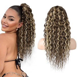 SEIKEA Ponytail Extension, PT005 Isabella 22" Long Bohemian Curly Drawstring Ponytail Light Fluffy Multi Layered Clip in Hair Extensions Ponytail Synthetic Light Brown Light Blonde Highlights
