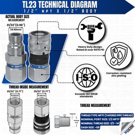 TL TopLine 1/2" NPT Skid Steer Bobcat (TL23) Flat Face ISO 16028 Hydraulic Quick Connect/Disconnect Couplers Coupling Fitting Set