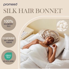 PROMEED 100% Silk Sleep Bonnet for Long Hair, 23 Momme Mulberry Silk, Moisture-Locking Silk Cap for Hair Care Routines and Hair Extension Preservation (Champagne)