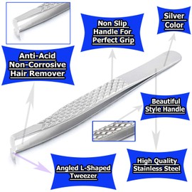 G.S Volume Eyelash Extension Tweezer - Professional Angled Curved Pointed L-Shaped Precision Tweezers for 3D 4D 6D Lashes Extension - Silver Non Slip Handle ELT-014