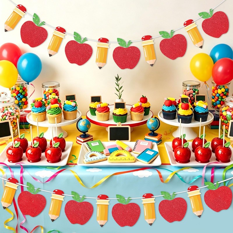 2 Pieces Back to School Pencil and Apple Banner Decorations