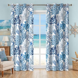 Coastal Nautical Curtains 2 Panels Set Beach Ocean Theme Coral 50% Light Blocking Room Darkening Grommet Window Treatments Starfish Patterned Decotative for Living Room Bedroom Blue, 52x84 Inches