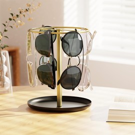 Josmimic Gold Sunglass Holder Organizer, Sunglass Holder Stand with Storgae Tray, Eyeglass Display Stand Holder for Multiple Glasses