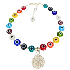 TClaudia, Pulsera San Benito Plata 925 con medalla y ojitos turcos. Brazalete, Pulseras de plata para mujer 925, Accesorios, Joyería y Regalos para Mujer. Ideal en Cumpleaños, Aniversarios, Navidad.