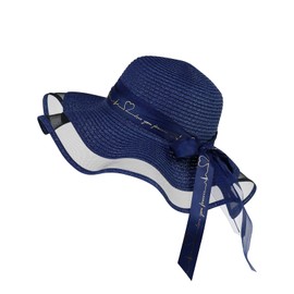 FuninCrea Ladies Sun Hat Wide Brim Straw Hat UPF 50+ Floppy Foldable Summer Hat UV Protection with Elastic Rope and Sweat Band, Beach Hat Sun Straw Hat with Bow for Outdoor (Straw, Blue)