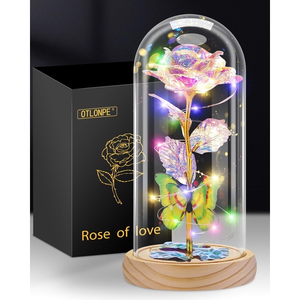 Otlonpe Rose Flower Womens Gifts for Christmas, Birthday Gifts for Women, Galaxy Rose Gift for Xmas, Colorful Led Light Up Artificial Flowers Forever Glass Rose Gifts (Gold Color)