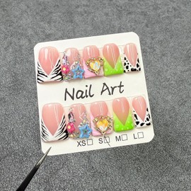 10 Pcs Handmade Press on Nails Medium Duck Fake Nails French Tip 3D Heart Rhinestone Pattern Design False Nails with Glue,3D Flower Full Cover Artificial Acrylic Stick on Nail for Women (Size S)