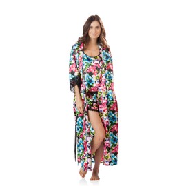 Ashford & Brooks Women's 3 Piece Satin Long Robe and Pajama Set - Floral - Medium