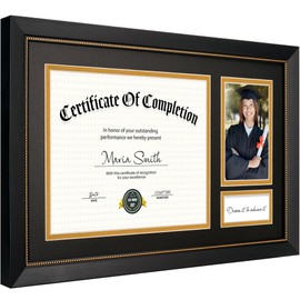 GiftMust 11x18.5 Graduate Frame for 8.5x11 Certificate Document, Display One 8.5x11 Diploma and One 4x6 Graduate photo, Real Glass, Black Frame with Black Over Gold Double Mats