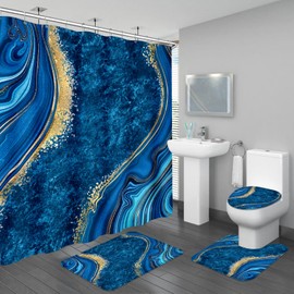 BayNook 4PCS Blue Gold Marble Bathroom Sets with Shower Curtain and Rugs, Abstract Shower Curtain Sets with Rugs for Bathroom, Modern Bathroom Curtains Shower Set with Toilet Lid Cover Accessories