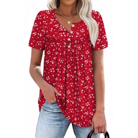 WIHOLL Babydoll Tops for Women Summer Vacation Outfits Button Down Shirts Short Sleeve Loose Fit T-shirts Dots Red 2XL