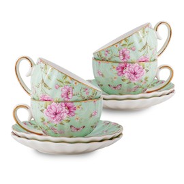 Agyiuns Tea Cup and Saucers, 6.4oz Floral Tea Cups with Gold Trim, Porcelain Bone China Teacup, Coffee Cappuccino Espresso Latte Mugs for Party Birthday,Party Cafe Home, Christmas Gift (Green)
