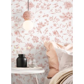 Safiyya 393"x17.3" Pink Peel and Stick Wallpaper Pink and White Contact Paper Floral Birds Wallpaper Peel and Stick Modern Boho Wallpaper Removable Wallpaper Vinyl Rolls