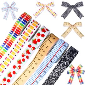 Fanfanwin 6 Pcs School Ribbons for Crafting 30 Yards Back to School Teacher Grosgrain Ribbons Ruler Ribbon Pencils Apples Book Crayon Craft Ribbons Teacher Appreciation Craft Teacher DIY Supplies